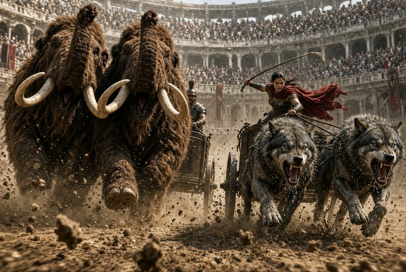 Female warrior races wolf-drawn chariot against mammoth chariot in a crowded Roman colosseum
