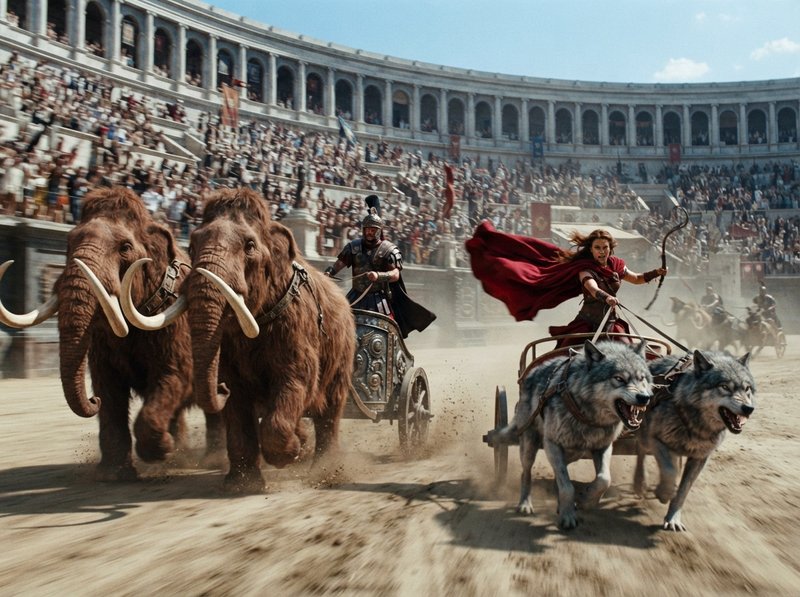 Competing chariots pulled by woolly mammoths and wolves race in a packed Roman Colosseum arena