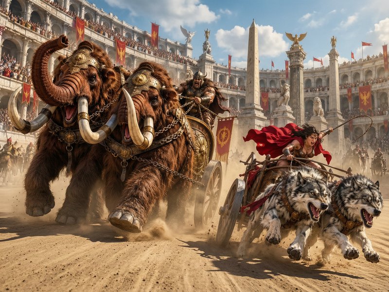 Fantasy chariot race between mammoth and wolf-drawn carts inside a grand Roman coliseum