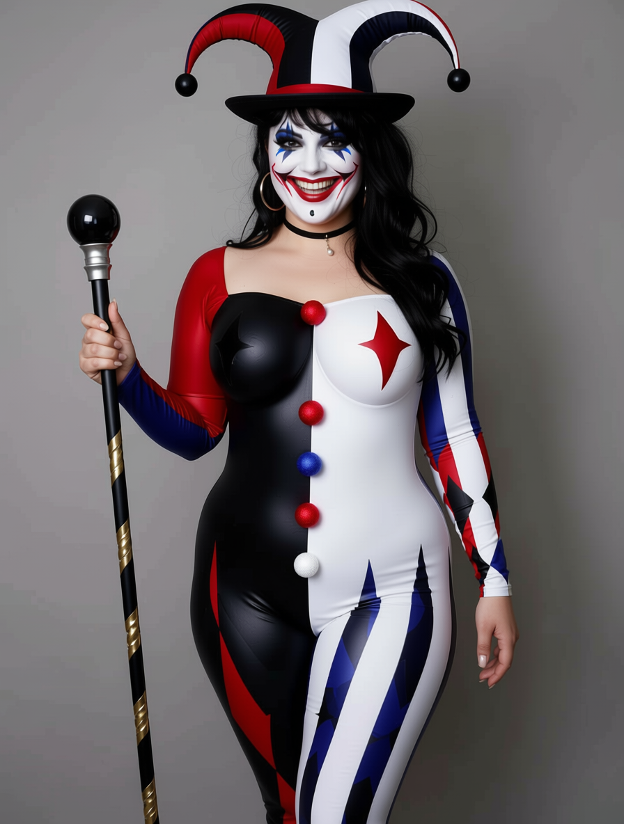Woman in split harlequin jester costume with theatrical face paint holds an ornate staff in a studio portrait