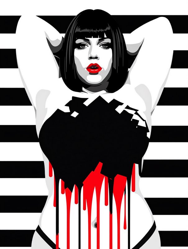 Bold graphic pop art portrait of a woman with black bob, red lips, raised arms, and red drip deta...
