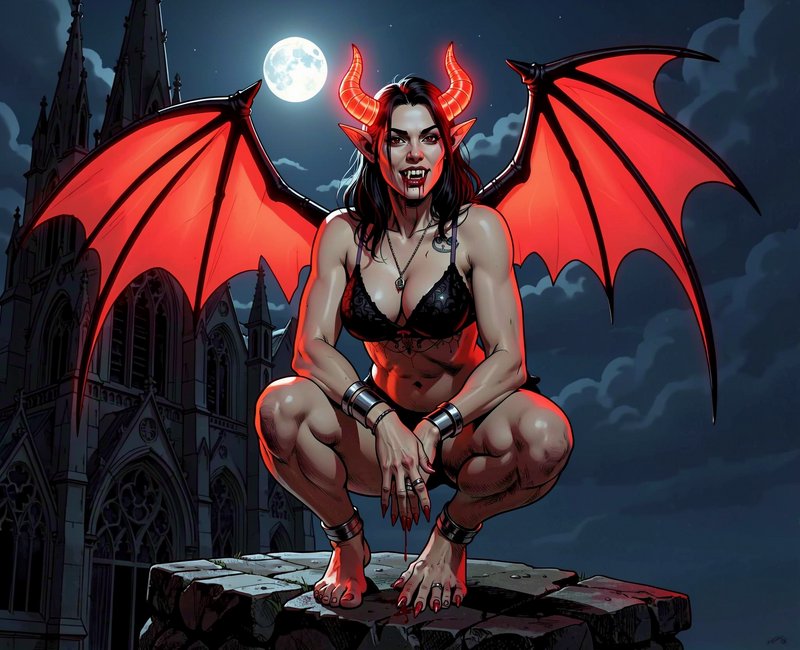 Crouching horned demon woman with red bat wings perched on a gothic rooftop under a full moon, fa...