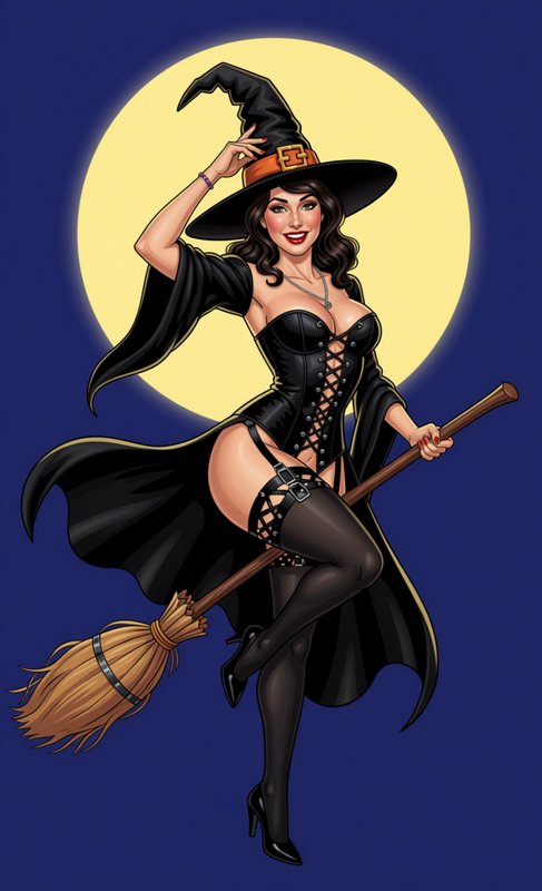 Smiling pinup style witch holding a broomstick, posed in front of a glowing full moon against a d...