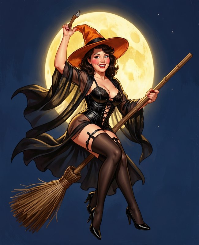 Retro pinup witch riding a broomstick, tipping her orange hat, against a glowing full moon dark s...