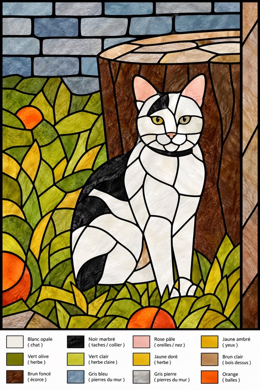 Leaded stained glass pattern of a seated tuxedo cat in a garden, with included French color refer...