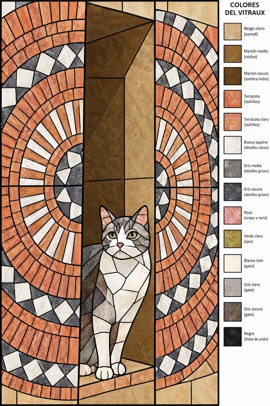 Stained glass pattern of a grey and white tabby cat sitting in a tiled arched wall niche, with in...