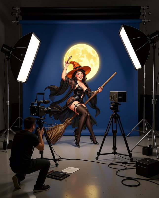 Photographer shooting a cheerful retro pinup witch posed on a broomstick in a photo studio with a...