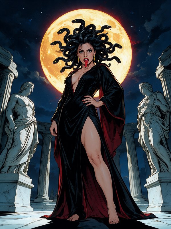 Medusa with coiled snake hair stands in an ancient Greek temple beneath a giant glowing golden full moon