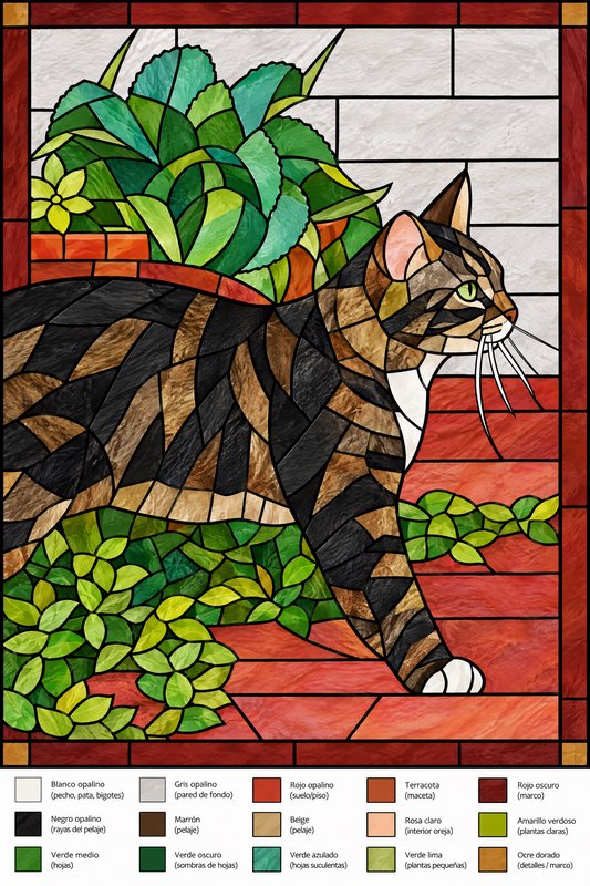Stained glass artwork of a tabby cat with houseplants and a labeled color legend below