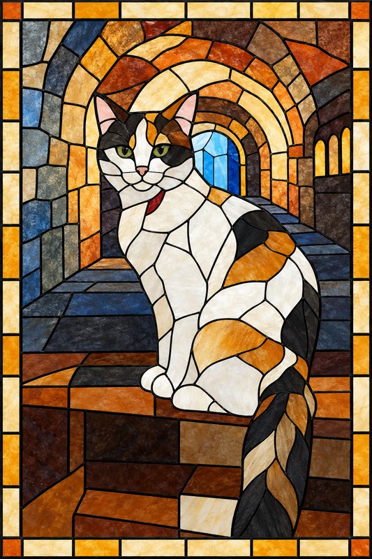 Stained glass depiction of a calico cat sitting on stone steps in a gothic castle corridor