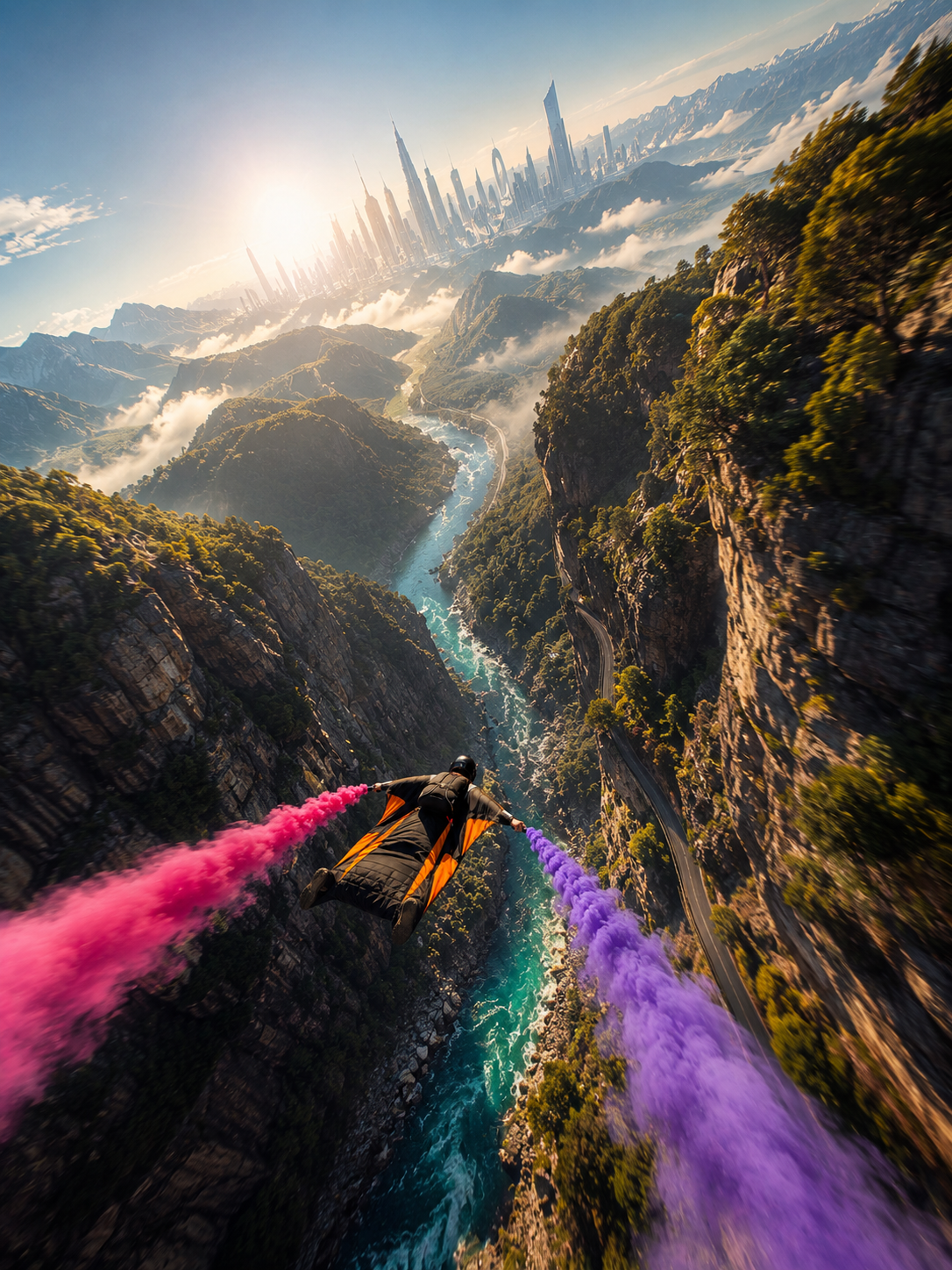 Wingsuit flyer trailing pink and purple smoke glides above a turquoise river canyon toward a futuristic skyscraper city at...