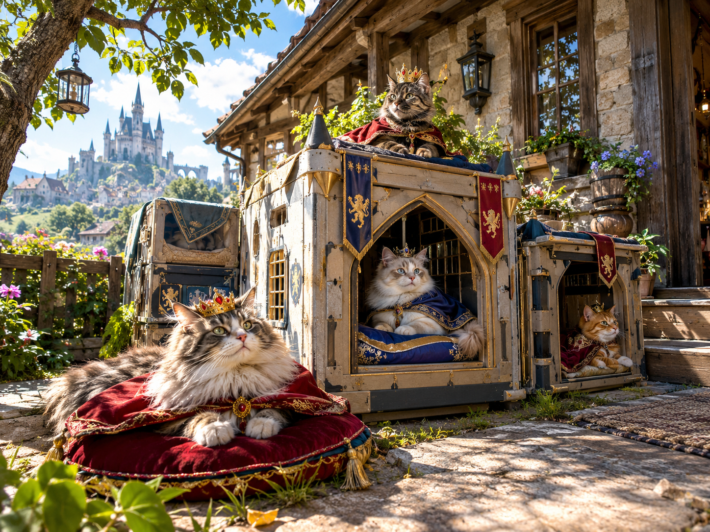 Regal crowned cats in royal velvet robes rest on ornate cat thrones in a sunlit medieval courtyard with a distant fairytale