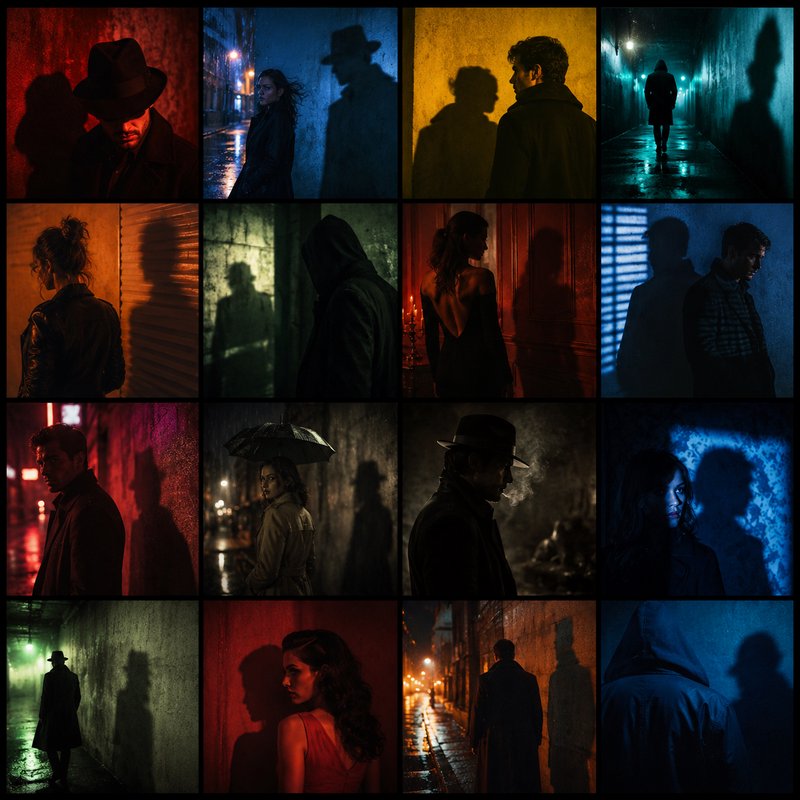 4x4 collage grid of moody neo-noir cinematic scenes featuring shadowy figures, dramatic colored lighting, and long cast si...