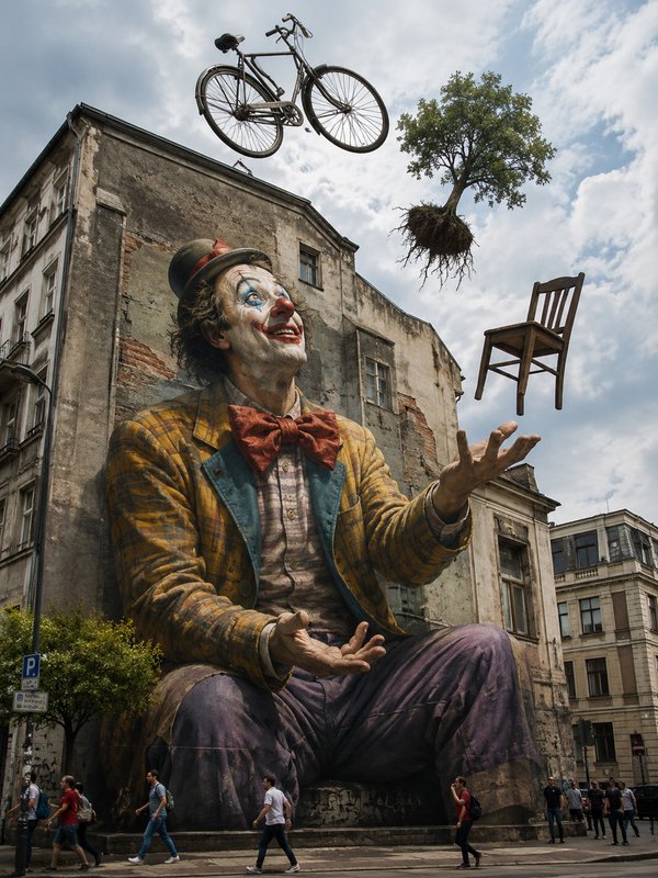 Giant hyperrealist clown street art mural appears to juggle a floating bicycle, tree, and chair on an old city building