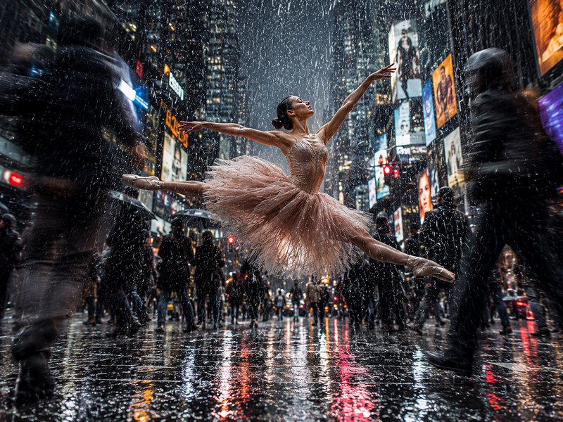 [Ballerina mid grand jeté leap in a rainy neon-lit Times Square, blurred commuters surround her at night.]