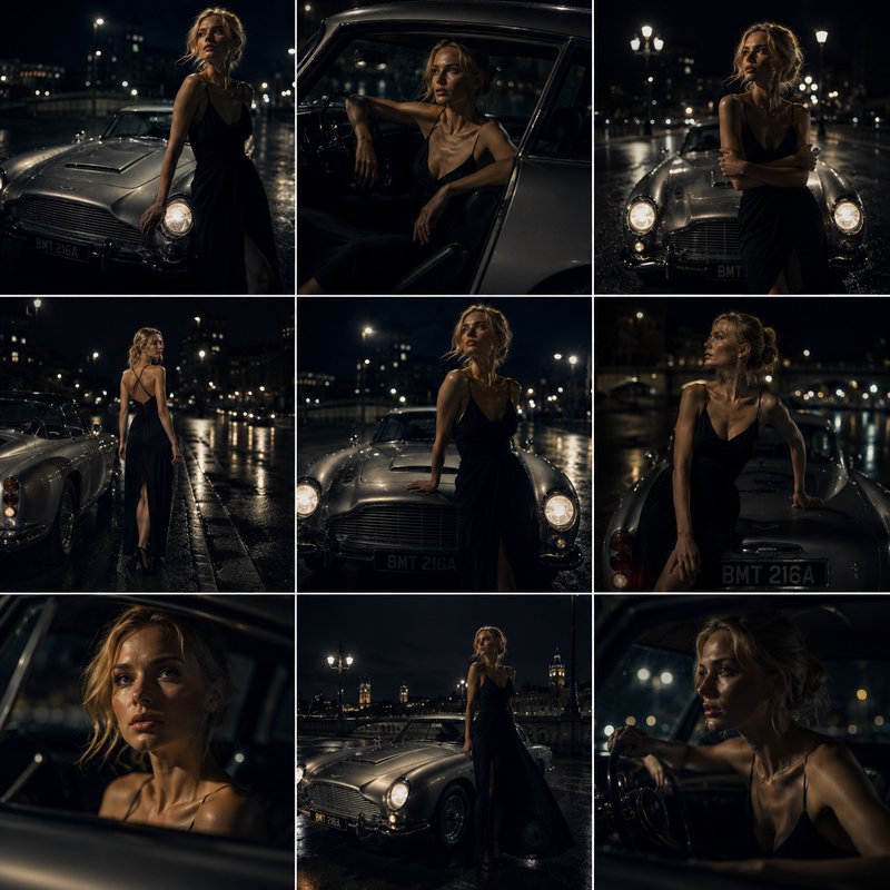 9-panel photoset of elegant blonde woman posing with a silver vintage Aston Martin on wet nighttime city streets