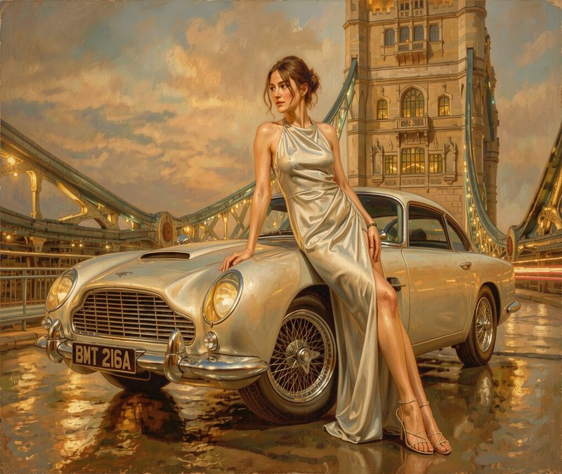 Elegant woman in silver silk gown leans on a vintage Aston Martin in front of London Tower Bridge at golden sunset