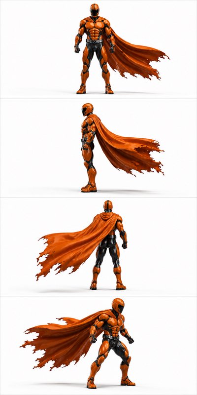 Four-view 3D turnaround of muscular orange armored caped superhero, isolated on a plain white studio background.