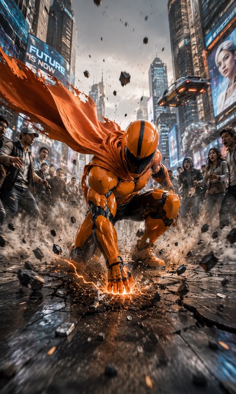 Orange armored caped superhero lands forcefully on cracked futuristic city pavement as shocked onlookers watch, debris