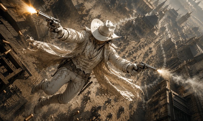 White-clad gunslinger in a cowboy hat leaps mid-air, firing two revolvers above a chaotic dusty old west battlefield