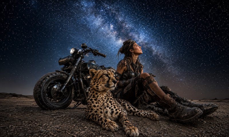[Rugged female biker rests with a cheetah beside a custom motorcycle, stargazing under the glowing Milky Way over a desert...