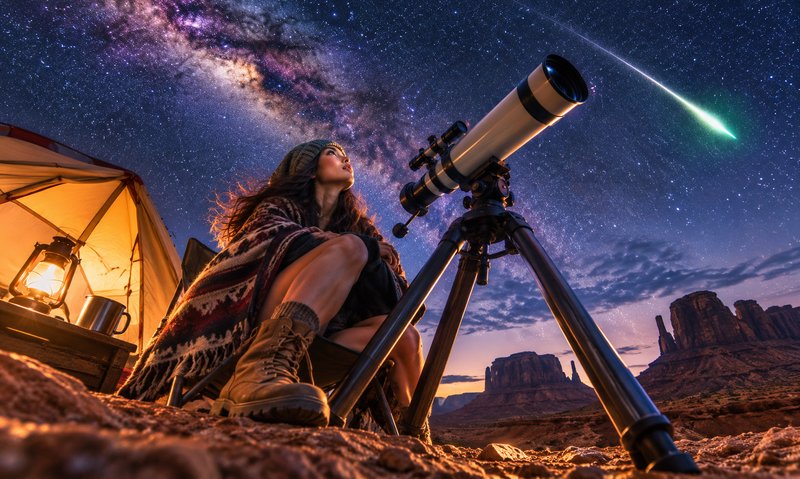 [Woman stargazing beside a telescope at a desert campsite under a vivid Milky Way sky with a streaking shooting meteor]