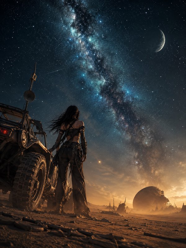[Female post-apocalyptic survivor stands beside a rugged scavenged off-road vehicle, gazing up at the bright Milky Way ove...