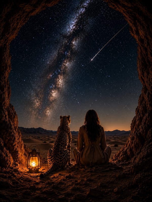Woman and cheetah sit at a rocky cave entrance, stargazing at the Milky Way and shooting star ove...