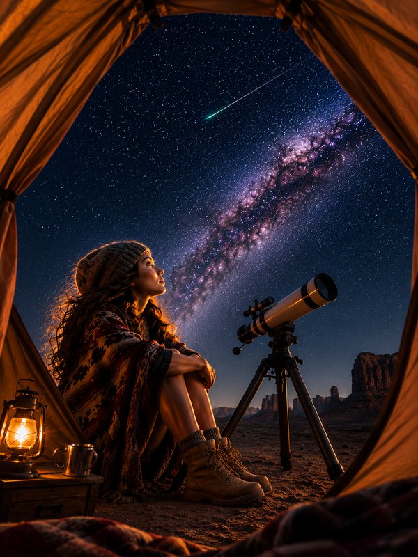 Framed by tent opening, a woman stargazes next to a telescope under a glowing purple Milky Way an...