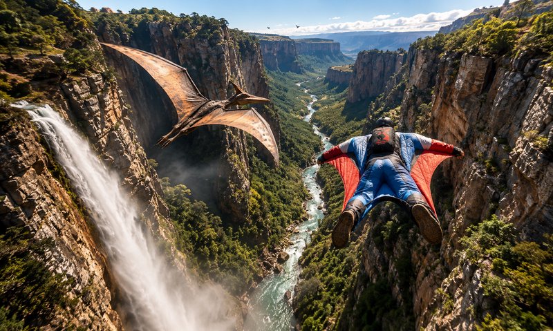 Wingsuit flyer glides alongside a pterodactyl above a steep rocky canyon with a cascading waterfa...