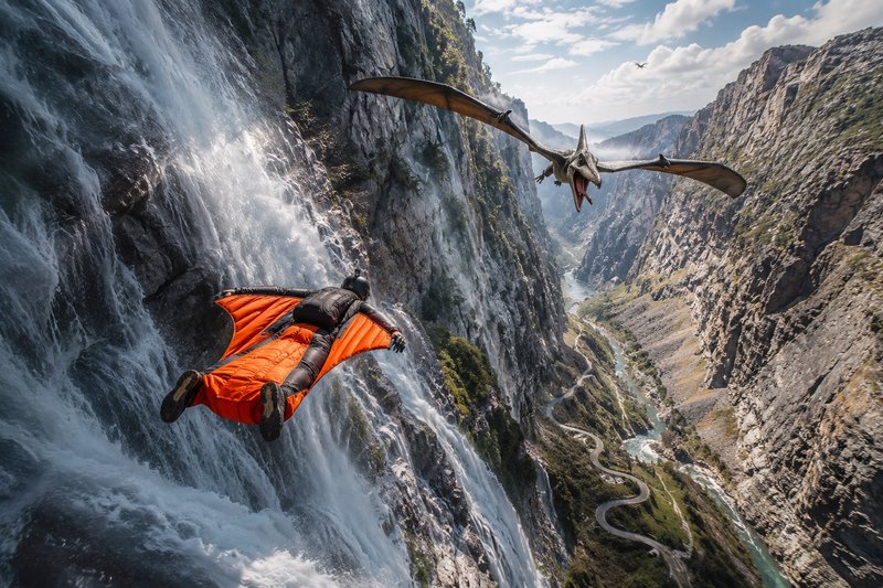 Orange wingsuit flyer glides beside a cliff waterfall as an aggressive pterodactyl flies toward them over a mountain gorge.