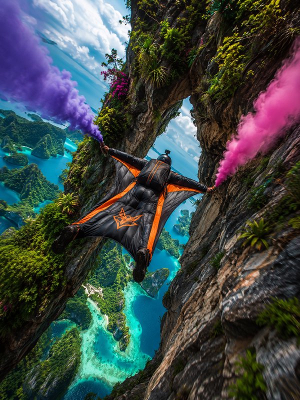 Wingsuit flyer glides through a vegetated cliff arch holding purple and pink smoke flares above turquoise tropical seas.