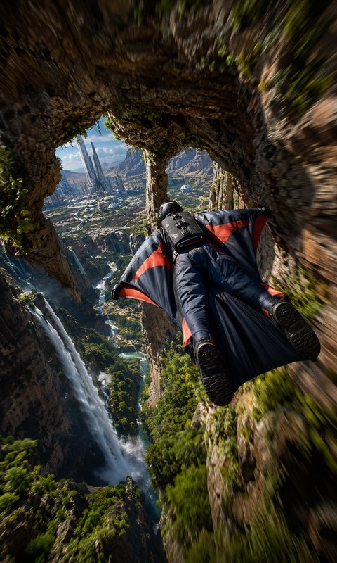 Wingsuit flyer glides through a natural rock arch overlooking a canyon waterfall and distant futu...