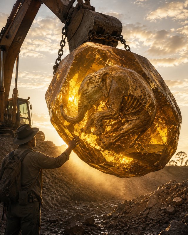Explorer touches giant glowing golden amber encasing a woolly mammoth fossil, lifted by excavator...