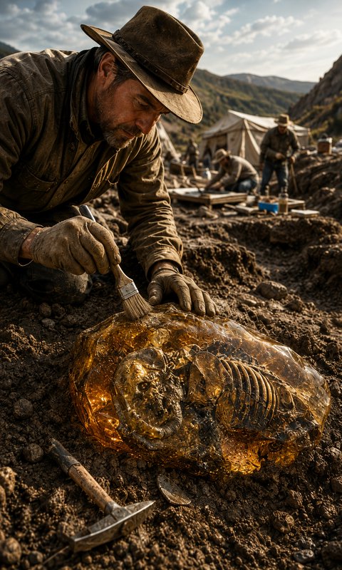 Paleontologist brushes dirt from a prehistoric fossil encased in glowing golden amber at a mountain dig site.