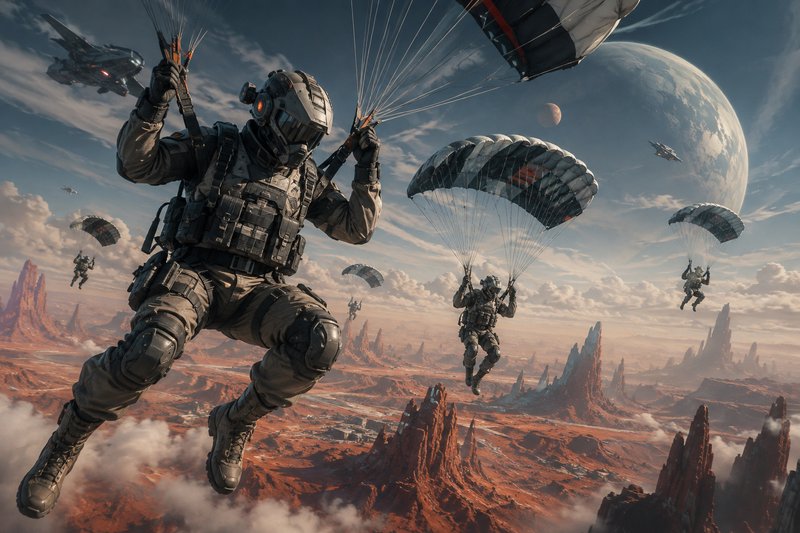 [Futuristic armored paratroopers deploy by parachute over a rocky alien desert, with spacecraft and a large planet visible...
