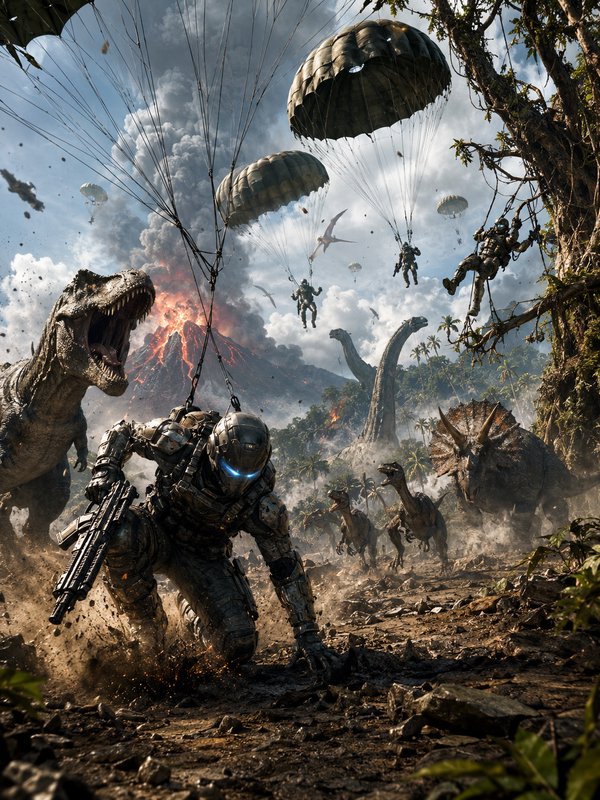 [Futuristic armored soldiers parachute into a prehistoric jungle, facing a roaring T-Rex and other dinosaurs as a volcano ...