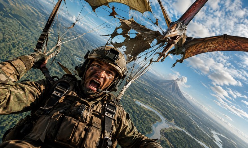 Terrified tactical paratrooper mid-skydive as a menacing pterosaur rips his tattered parachute ov...