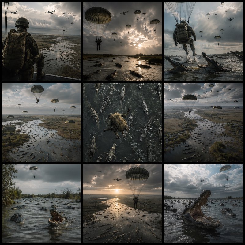 9-panel sequential storyboard showing military paratroopers parachuting into a crocodile-infested...