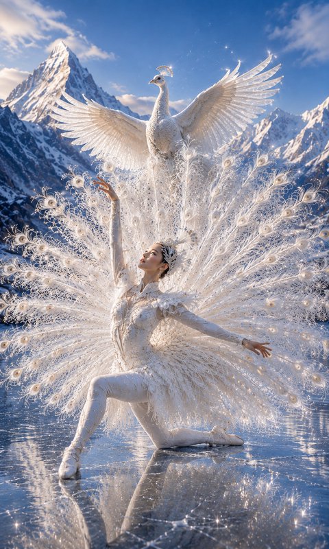 Graceful dancer in elaborate white peacock costume poses on frozen glacial ice, with a white peac...