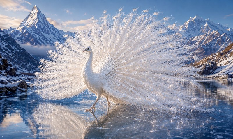 Rare white peacock with fully fanned luminous plumage stands on a frozen alpine lake backed by sn...
