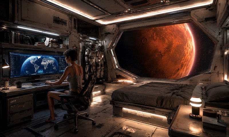 Woman works at desk inside weathered spaceship quarters, large hexagonal window displays glowing ...