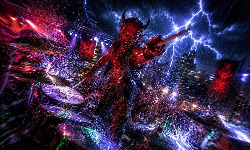 Menacing horned red demon drummer plays drums on a rainy rooftop concert stage, pointing a drumst...