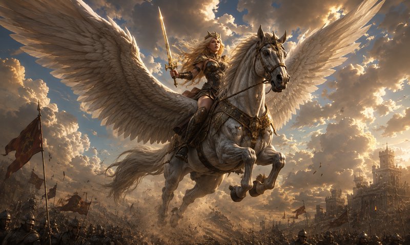 Armored valkyrie with glowing sword rides a winged white pegasus soaring above a medieval battlef...