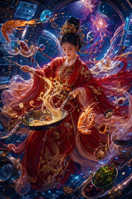 Ornately dressed woman in red hanfu cooks with a wok in zero gravity inside a spaceship overlooki...