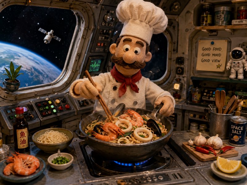 Felt puppet chef cooks seafood noodle stir fry in a retro space station galley, Earth visible thr...