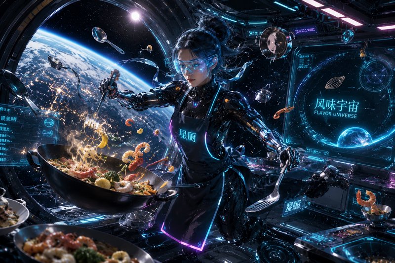 Cyborg female chef cooks in zero gravity with a wok, inside a neon-lit space station overlooking ...