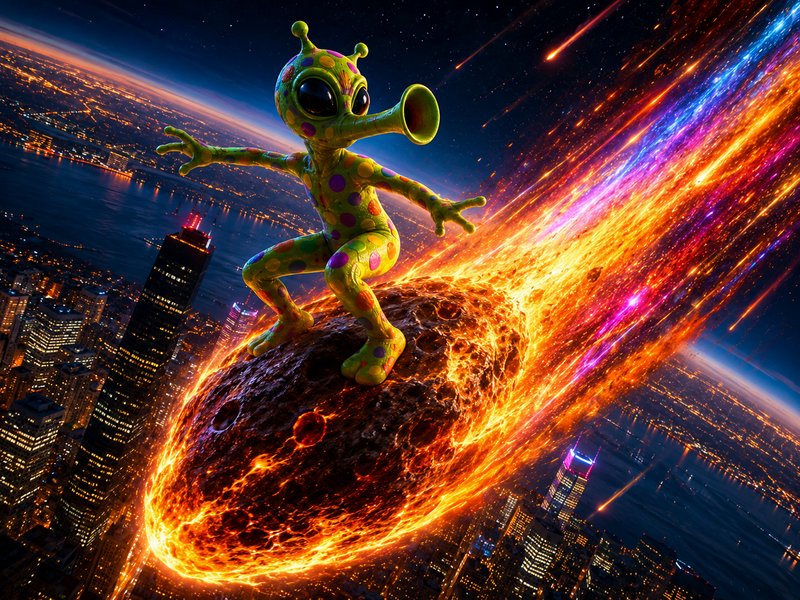 Colorful polka-dotted cartoon alien surfs on a fiery falling meteor high above a glowing night ci...