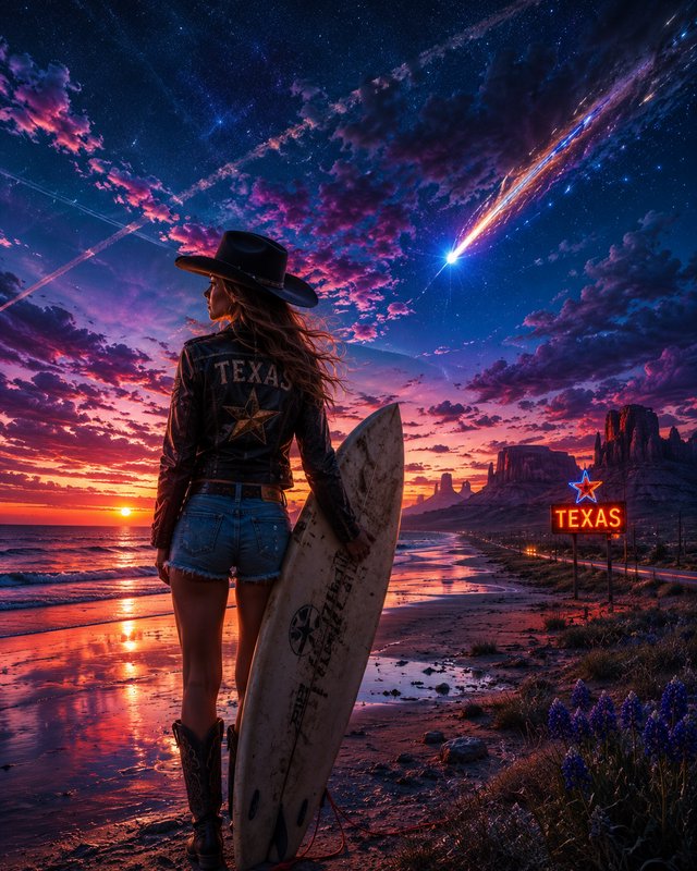 Cowgirl in a Texas leather jacket holds a surfboard on a coastal Texas beach beneath a dramatic s...