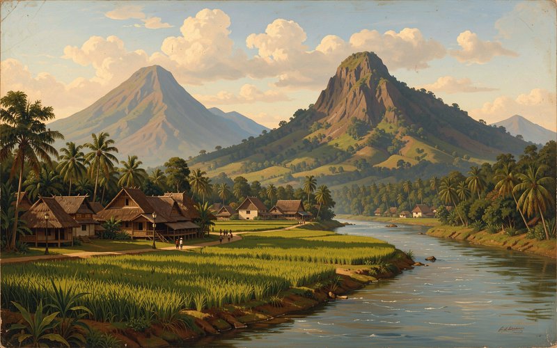 Vintage landscape painting of tropical Southeast Asian village, rice paddies, winding river, moun...